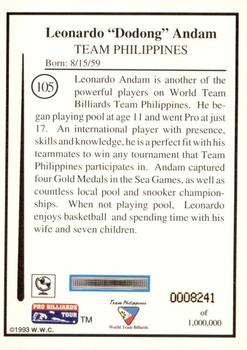 1993 Pro Billiards Tour #105 Leonardo Andam Back